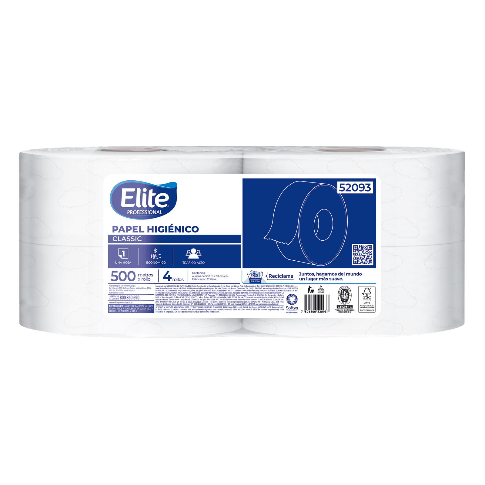 Papel higiénico Elite Professional Classic 4 rollos de 500 metros