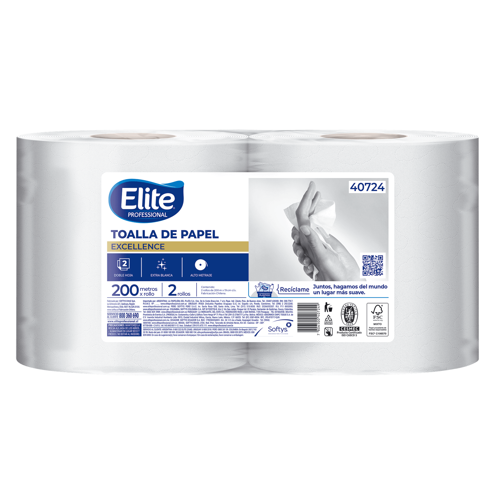 Toalla de papel Elite Professional Excellence 2 rollos de 200 metros